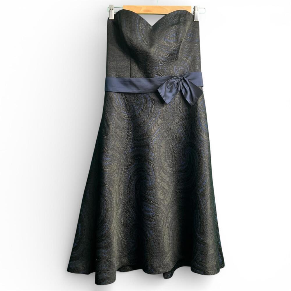 Vintage Strapless Black and Navy Brocade Bow Waist Whimsigoth Prom Dress